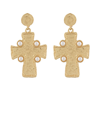 Hammered Cross Pearl Earrings, Worn Gold/Cream