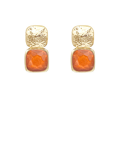 Bold Square Stone Textured Earrings, Dark Orange/Gold