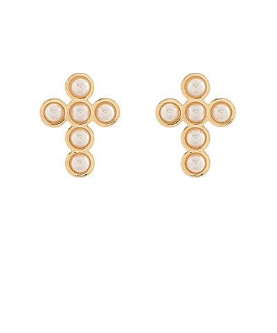 Cross w/ Pearl Earrings, Cream/Gold
