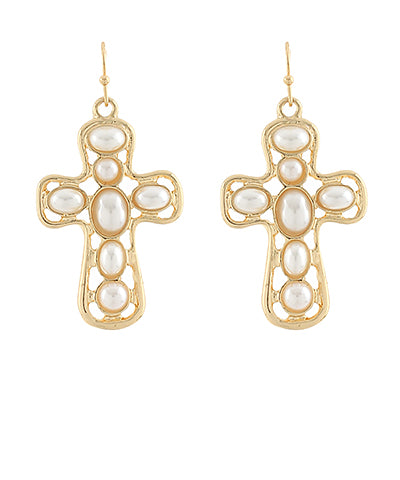 Pave Cross Earrings, Cream/Gold