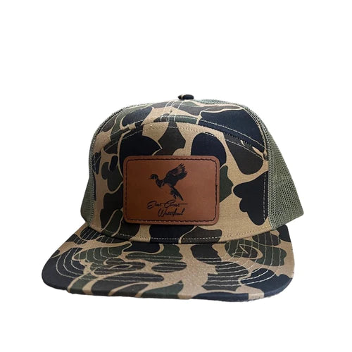 East Coast Waterfowl Leather Woodie Patch Hat, Old School/Moss 7 Panel