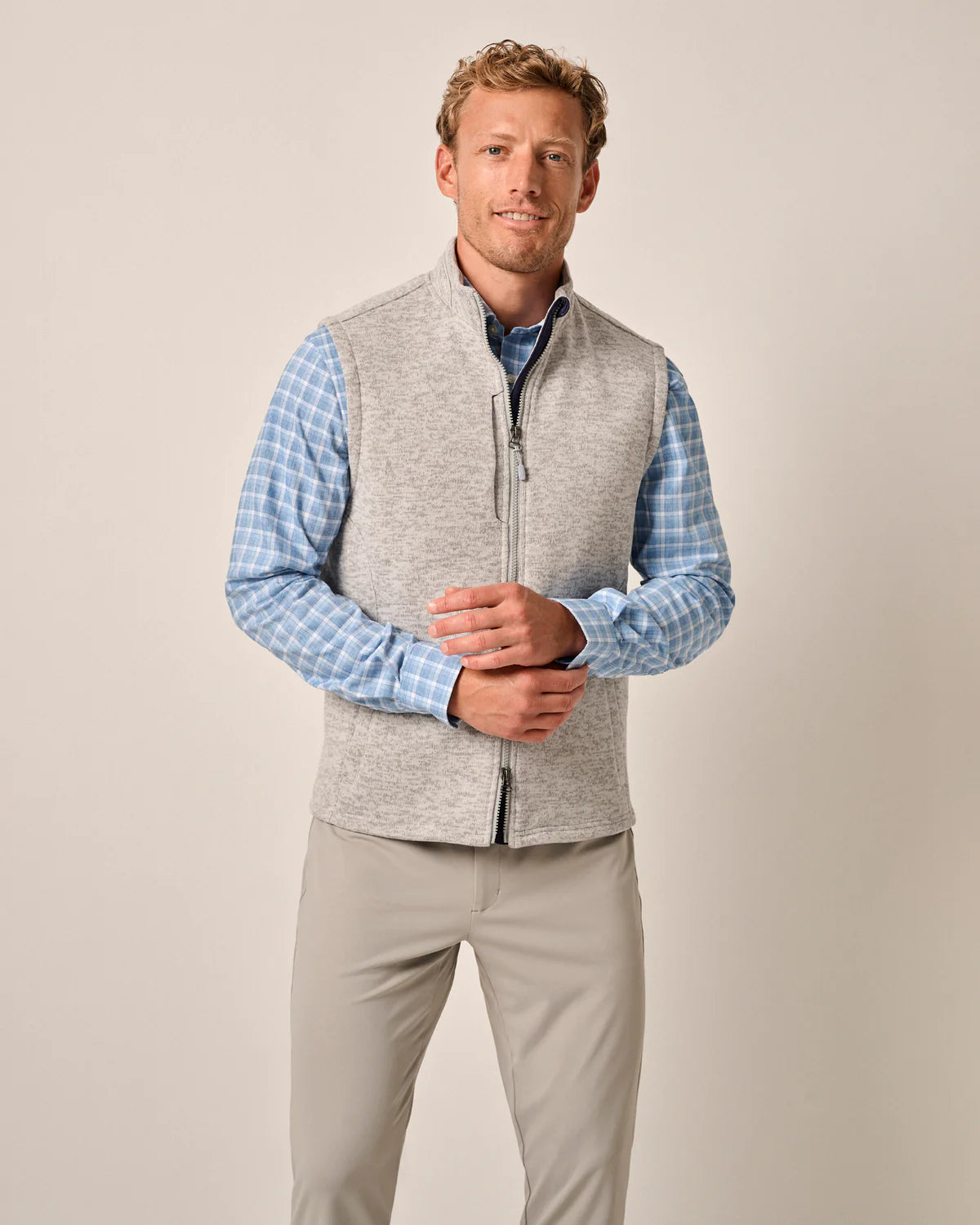 johnnie-O Denali Double-Zip Fleece Vest- Light Gray