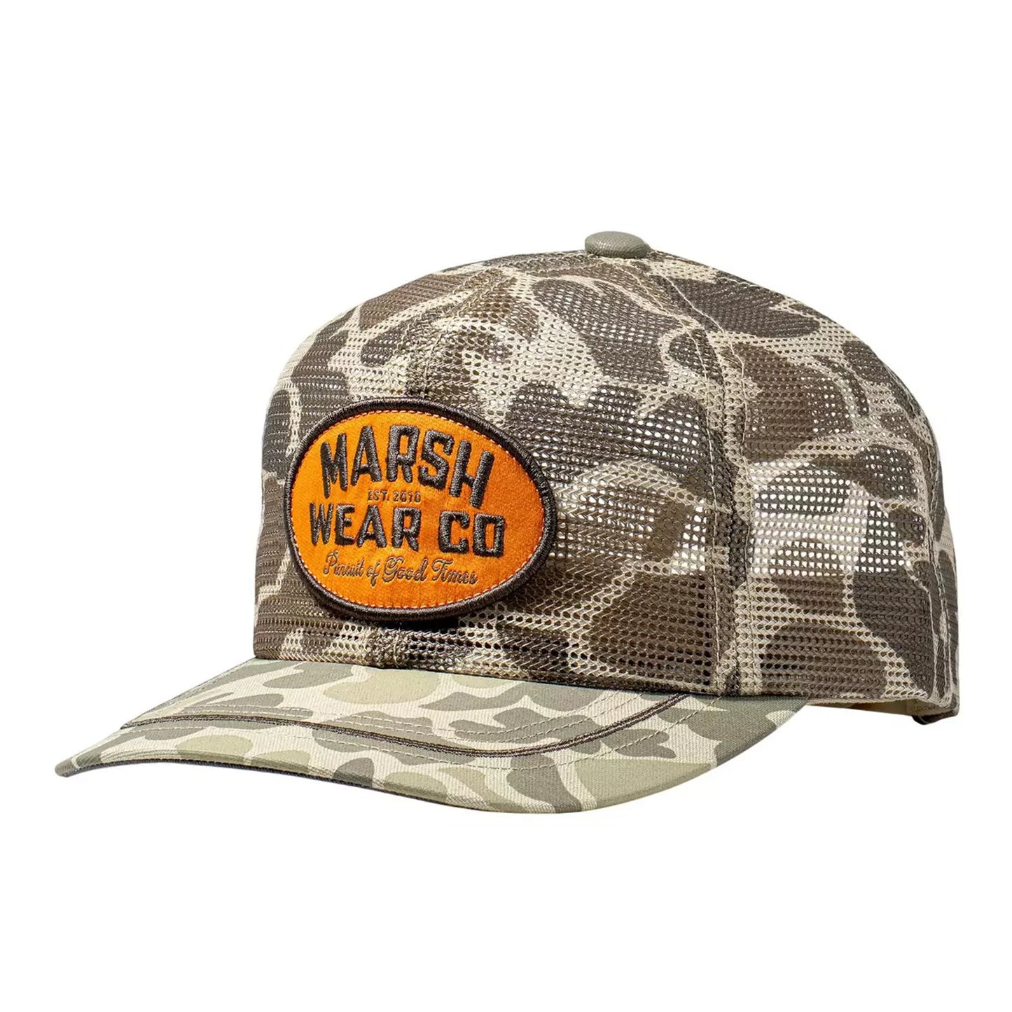 Marsh Wear Outpost Mesh Trucker Cap, Khaki Mallard Camo