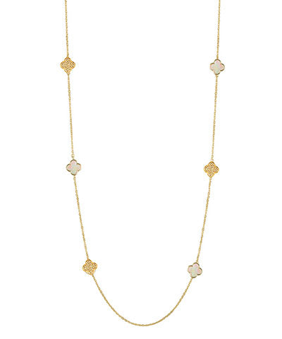 Pave & Shell Clover Station Necklace- Gold