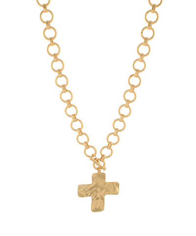 Hammered Cross & Ring Chain Necklace
