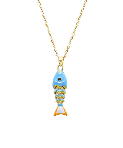 Movable Enamel Fish Necklace, Blue/Gold