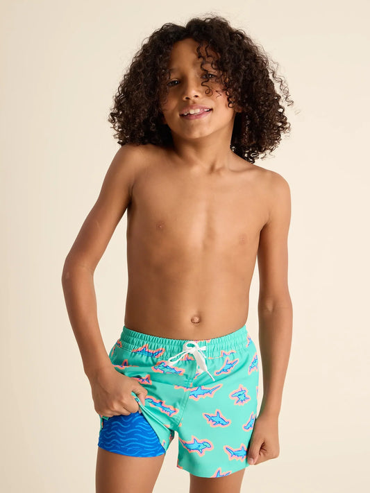 Chubbies The Apex Swimmers Boys Lined Classic Swim Trunk | Shorter, Teal Sharks/Blue Wave Liner