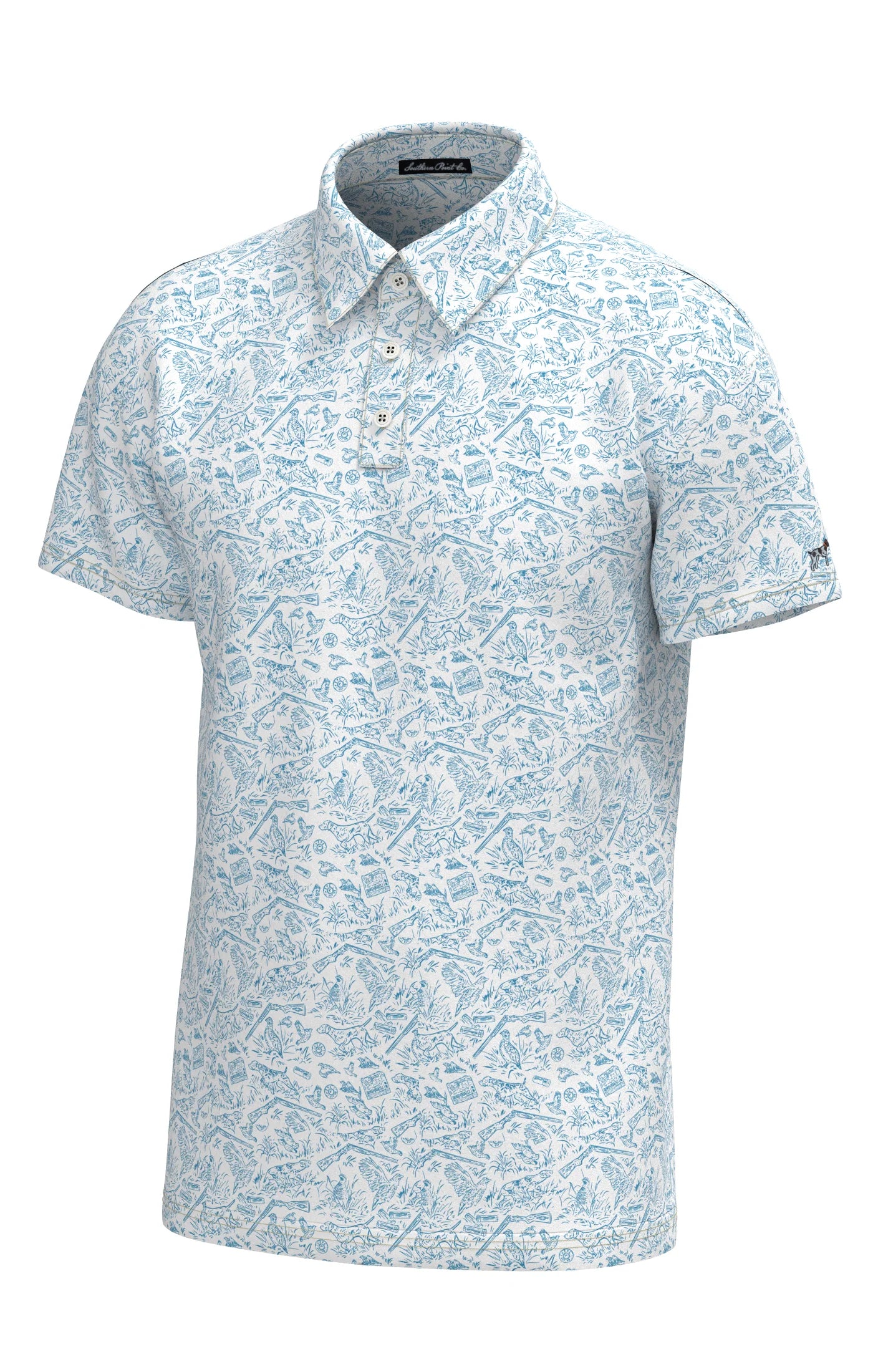 Southern Point Pointer Pattern Performance Polo, White Hawaiian Blue Pattern