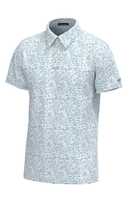 Southern Point Pointer Pattern Performance Polo, White Hawaiian Blue Pattern