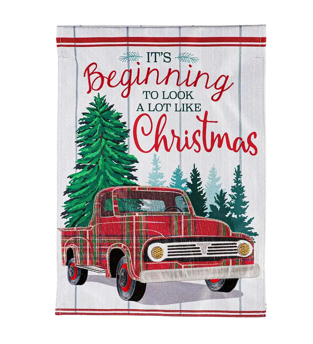 Evergreen Plaid Christmas Truck House Linen Flag