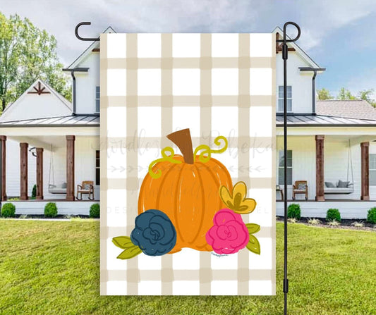 Floral Pumpkin and Plaid Garden Flag