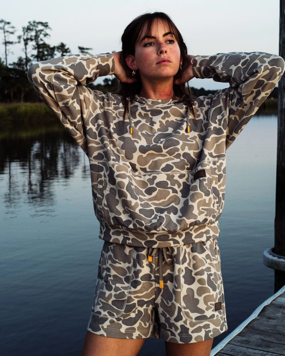Marsh Wear Women's Fireside Sweatshorts, Khaki Mallard Camo