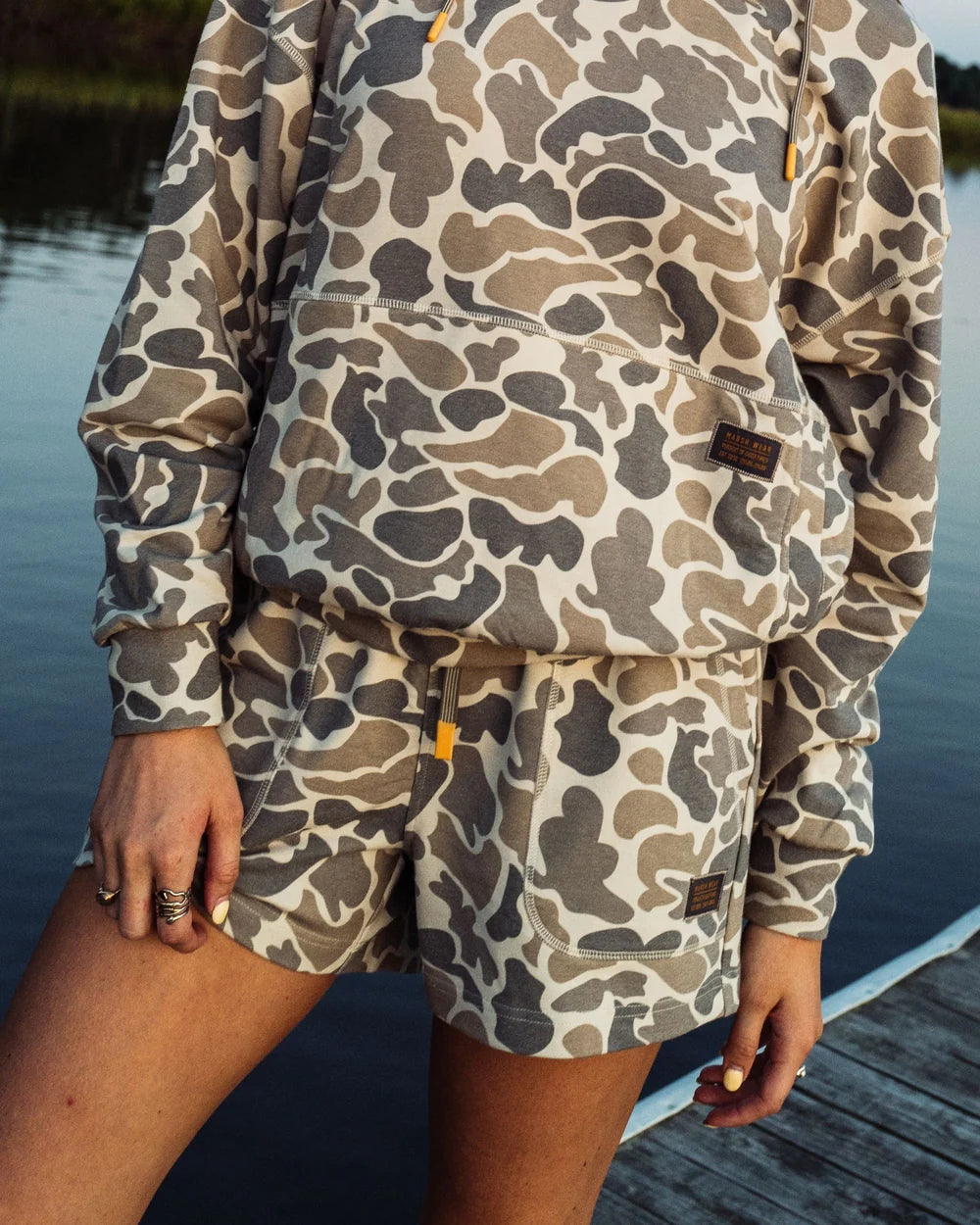 Marsh Wear Women's Fireside Sweatshorts, Khaki Mallard Camo