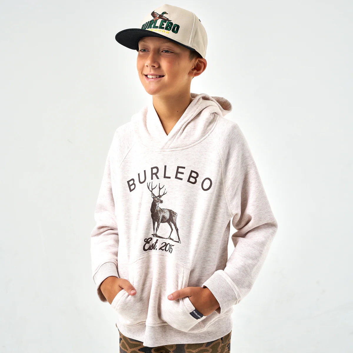 Burlebo Youth Fleece Hoodie - Whitetail Deer - Heather Oatmeal
