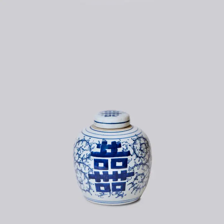 Blue and White Porcelain Double Happiness Round Storage Jar