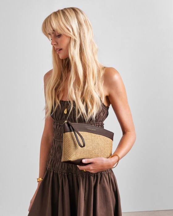 Katie Loxton Wristlet Raffia Clutch, Bitter Chocolate