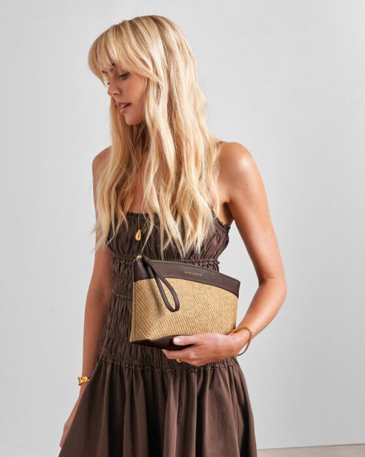Katie Loxton Wristlet Raffia Clutch, Bitter Chocolate