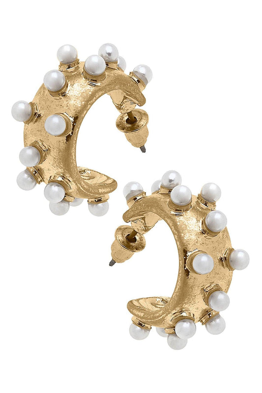 Canvas Persephone Pearl Studded Hoop Earrings, Worn Gold