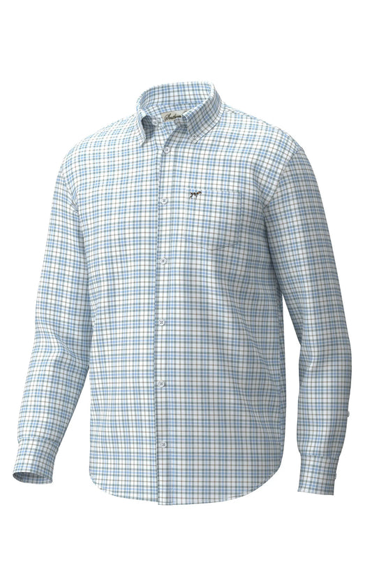 Southern Point Hadley Luxe Lite Long Sleeve Button Down, Harvey Plaid Pewter & Light Blue