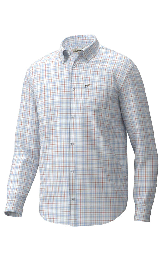 Southern Point Hadley Luxe Lite Long Sleeve Button Down, Harvey Plaid Blue Sky & Burnt Sienna