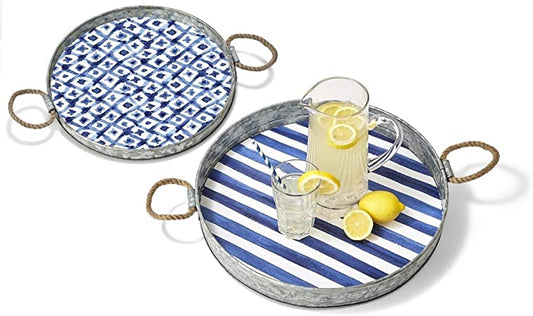 Blue & White Large Tin Serving Tray