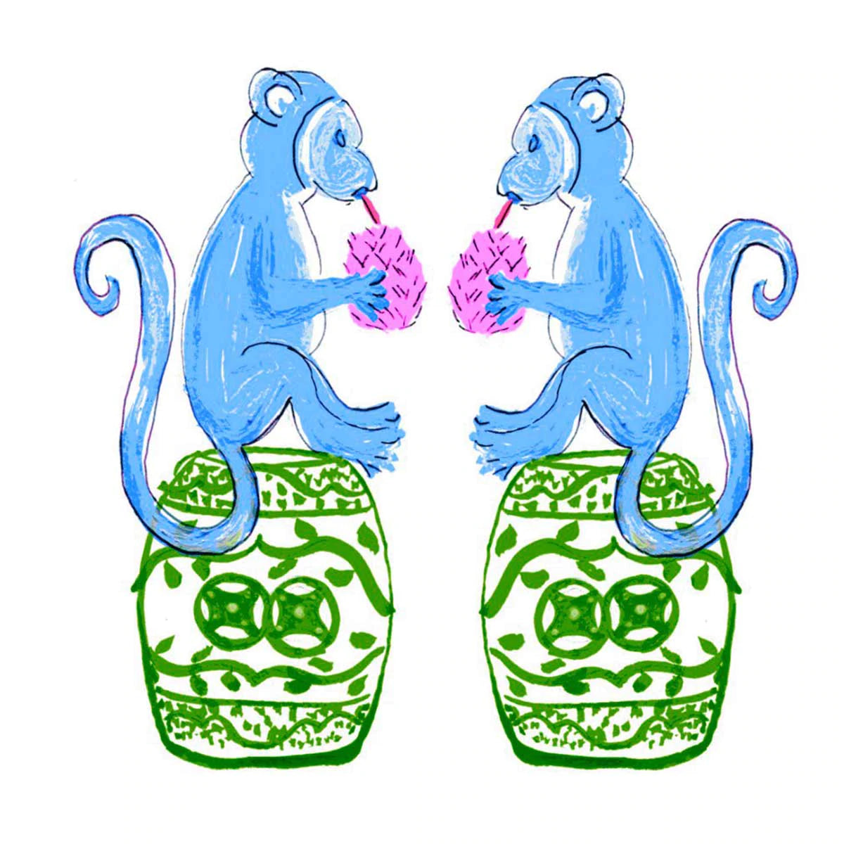 CHINOISERIE MONKEYS TEA TOWEL   -BLUE