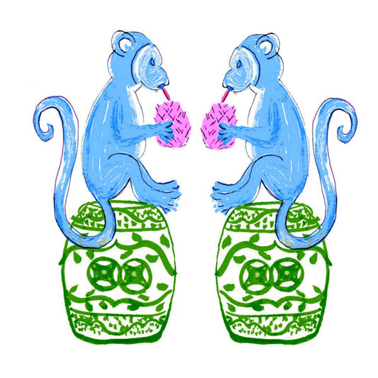 CHINOISERIE MONKEYS TEA TOWEL   -BLUE