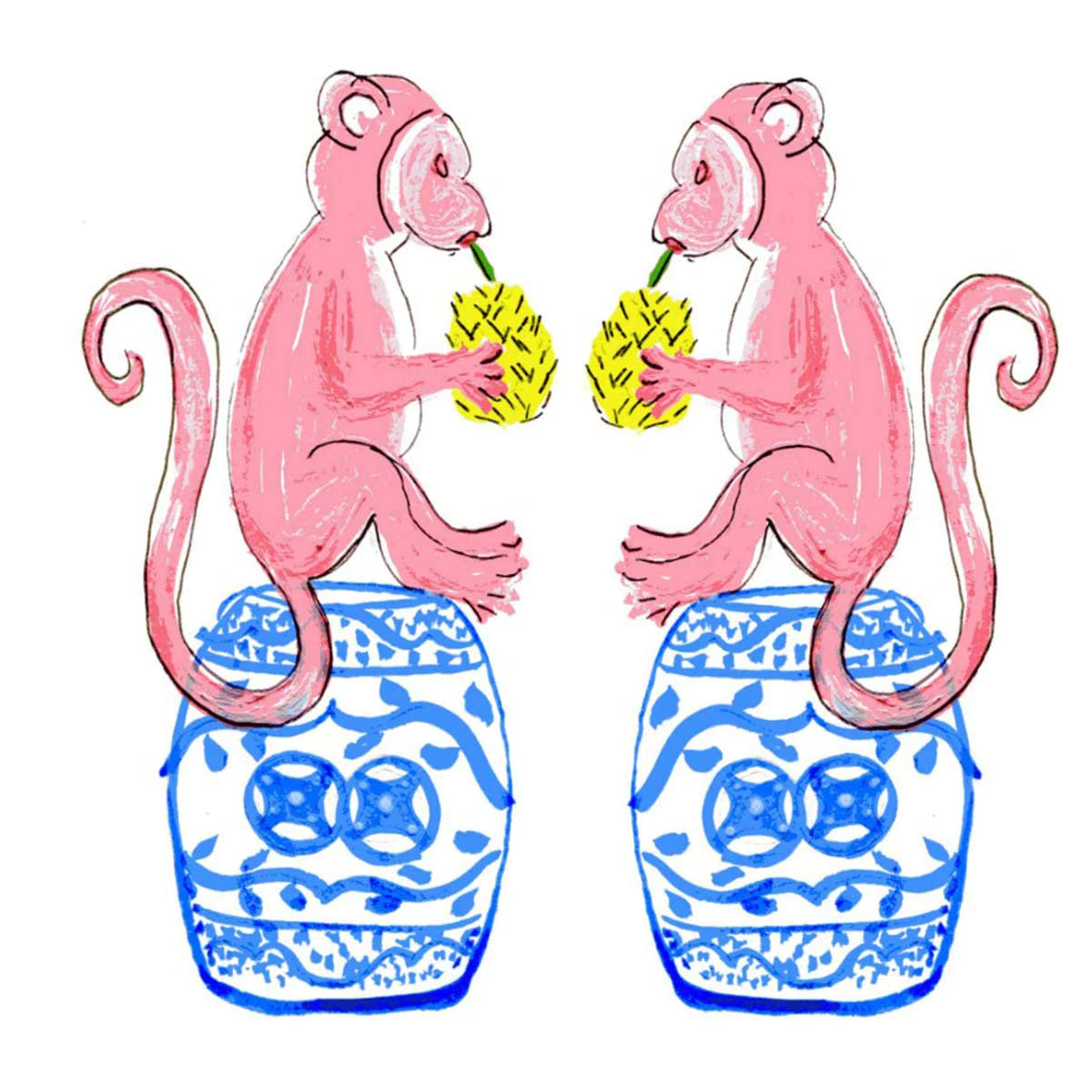 CHINOISERIE MONKEYS TEA TOWEL   - PINK