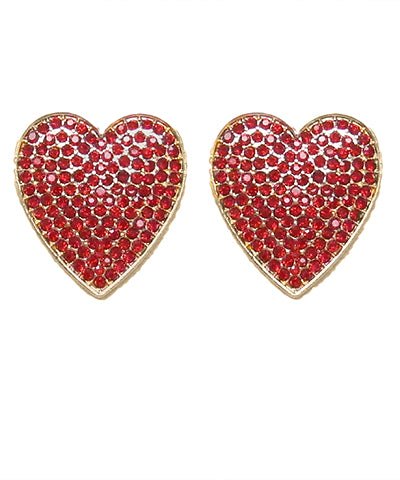 Paved Crystal Heart Earrings, Red/ Gold