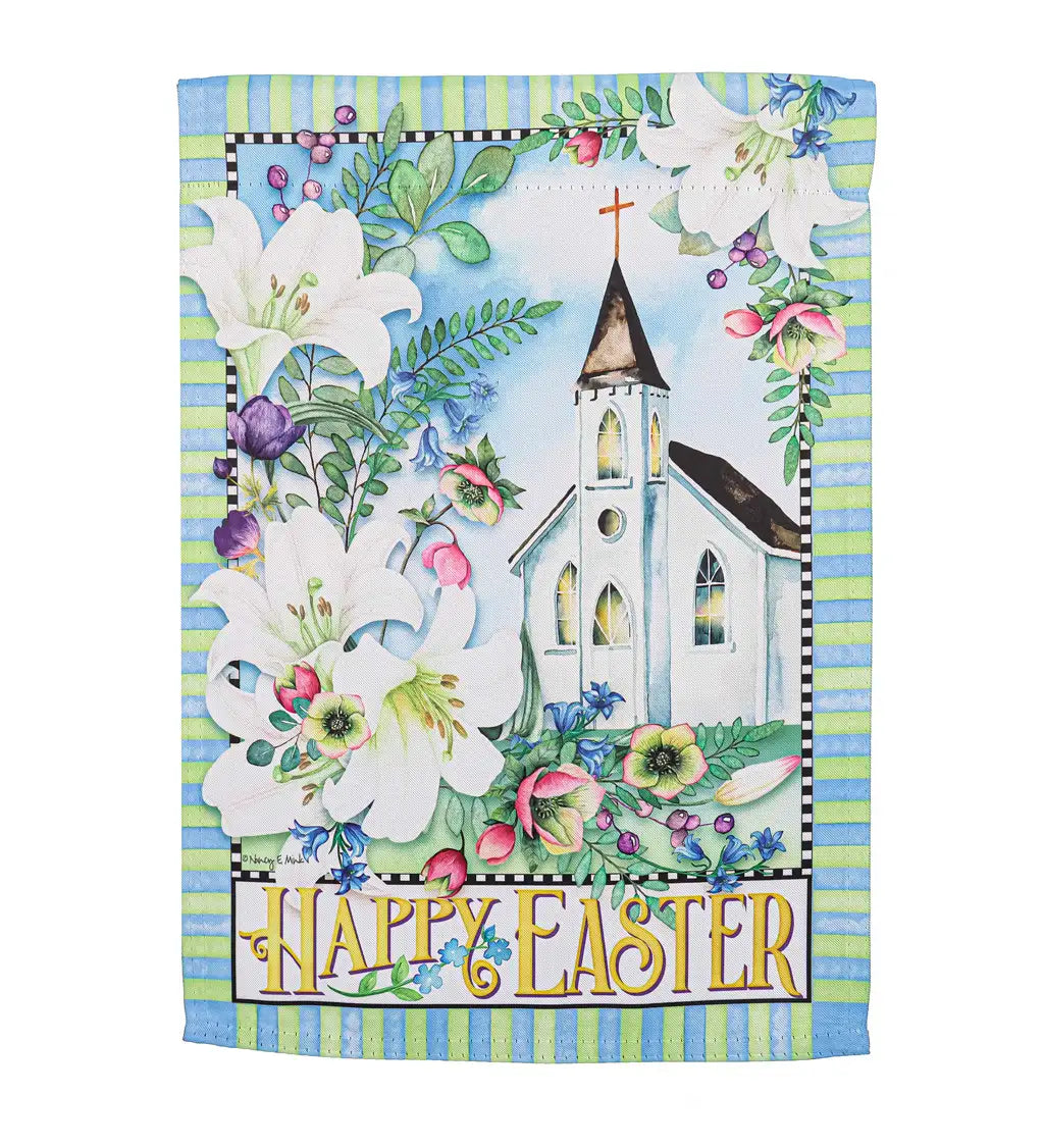 Easter Church With Flowers Garden Suede Flag