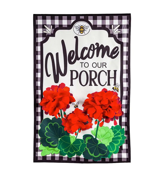 Welcome To Our Porch Geraniums Garden Linen Flag